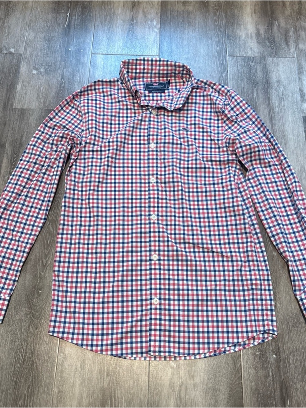 VINEYARD VINES Boys Performance Whale Shirt Gingham Check Button Down LARGE 16